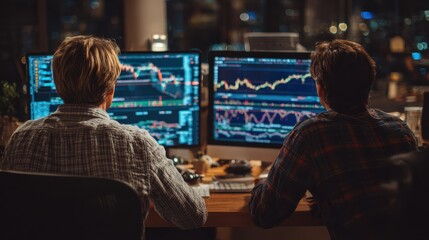 two diverse crypto traders brokers stock exchange market investors discussing trading charts research reports growth using pc computer looking at screen analyzing invest strategy financial risks no l