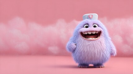 Fototapeta premium Cute fluffy purple monster wearing a nurse cap. Funny cartoon character smiling wide with a large mouth. Cartoon creature for children.