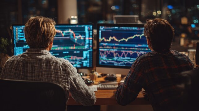 two diverse crypto traders brokers stock exchange market investors discussing trading charts research reports growth using pc computer looking at screen analyzing invest strategy financial risks no l - Powered by Adobe