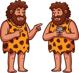 Obraz premium Cartoon prehistoric cavemen pointing and holding smartphone in stone age attire vector illustration 