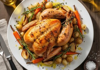 Whole roasted chicken with crispy skin and herbs on rustic wooden board — top view