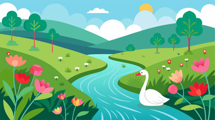 Naklejka premium A peaceful riverbank adorned with vibrant wildflowers and graceful swans gliding on the tranquil surface.