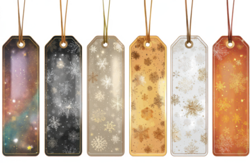 Set of decorative winter gift tags featuring snowflake patterns and textured backgrounds perfect for holiday promotions and seasonal designs
