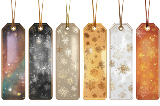Set of decorative winter gift tags featuring snowflake patterns and textured backgrounds perfect for holiday promotions and seasonal designs