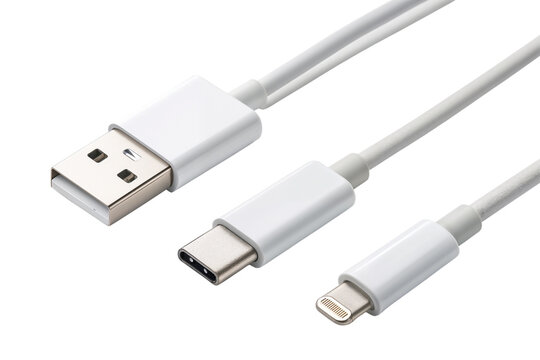 USB Type-A, Type-C, and Lightning Charging Cables on White Background &ndash; Tech Connector Comparison Transparent PNG