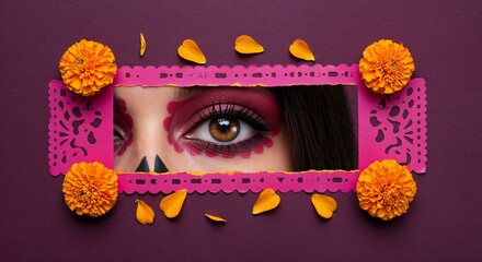 Woman's eye framed by marigolds and papel picado
