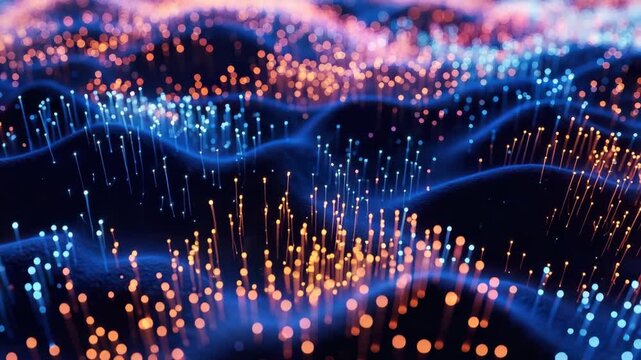 Abstract image of glowing fiber optic cables creating a dynamic and futuristic network visualization with blue and orange hues