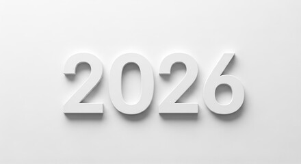 The year '2026' in minimalist 3D white text on a subtle white background. Concept for new year, future planning, calendar, and annual reports.
