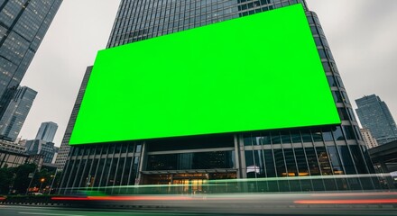 Massive digital billboard with a green screen on a modern skyscraper building in the city center. Perfect for large-scale urban advertising mockups with light trails.