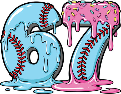67 Trend Dripping Baseball Numbers Vector – Cool Pop Art Style, Colorful Melting Sports Design for T-Shirts and Stickers