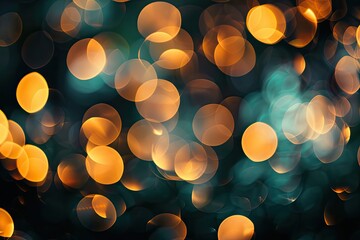 Bokeh lights shimmer and glow against dark teal background; festive, magical use