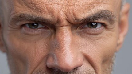 Close-up of mature man's eyes with furrowed brow, intense gaze on gray background, anger and concentration concept