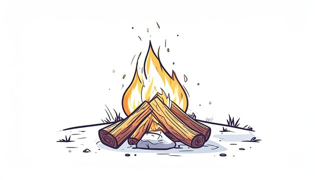 Campfire burning, outdoors; sparks fly up, for blogs and camping guides