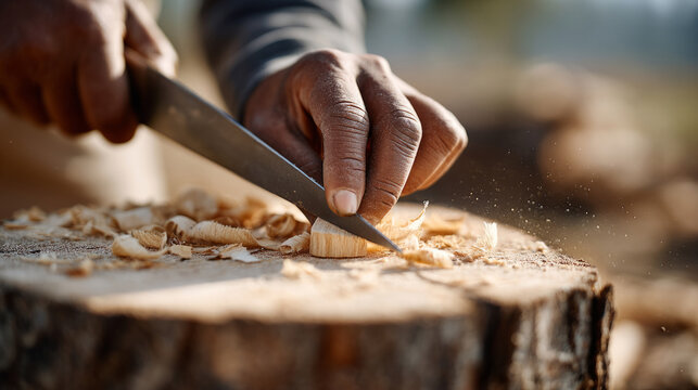Outdoor skills and craftsmanship: sharpening a stick with pocket knife for bushcraft adventure