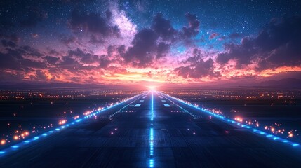 Illuminated runway leading towards a vibrant sunset sky with clouds.