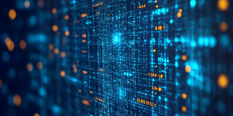 Abstract blue digital network grid with glowing orange data points and numbers technology