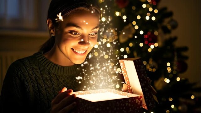 Young woman opening a magical christmas gift box with bright light and glitter near a decorated tree animation