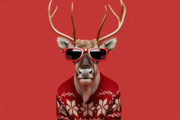 Obraz premium Reindeer wearing sunglasses and a Christmas sweater festive and fun portrait for holiday cards and seasonal designs isolated on red background