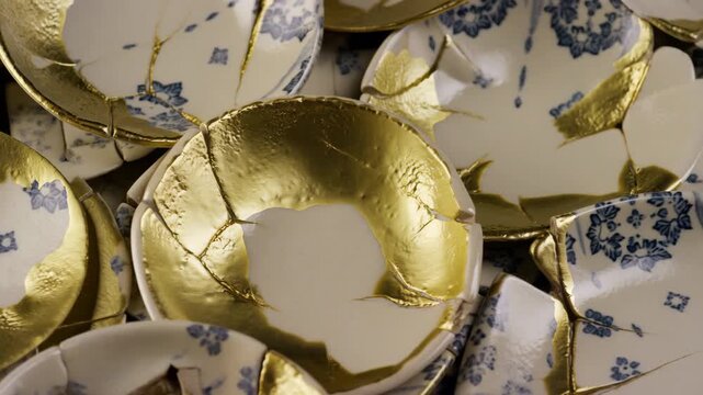 Broken pottery repaired with kintsugi art technique