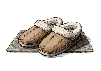 Wool slippers on floor mat for cozy home winter illustration and warm interior design
