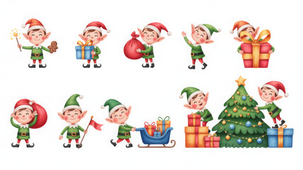 Set of Christmas elf illustrations cute cartoon characters in various poses vector design for holiday season greeting cards and decorations