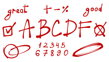 Grade mark. Hand drawn red marker doodle of school grading symbols. Includes check marks, crosses, and numeric or letter marks for education, homework, and classroom design.