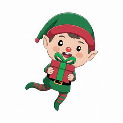 Cute Christmas elf holding a gift box cartoon vector illustration for holiday season isolated on white background