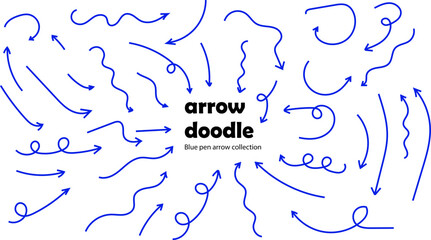 Fototapeta premium Blue Pen arrow collection on marker. Hand-drawn brush stroke arrows, curved, wavy and straight lines. Direction pointers for notes, doodle and school design. Vector illustration