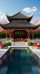 Tranquil Chinese Pavilion Reflecting in Still Water, a Peaceful Oasis.