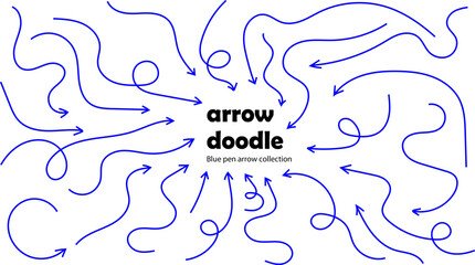 Blue Pen arrow collection on marker. Hand-drawn brush stroke arrows, curved, wavy and straight lines. Direction pointers for notes, doodle and school design. Vector illustration