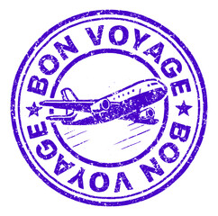 Bon voyage rubber stamp design featuring an airplane and text for travel enthusiasts and adventure seekers