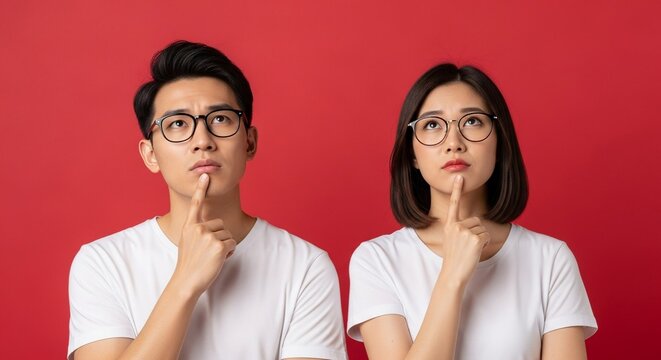 A thoughtful Asian couple in glasses with hands on chins, looking up and pondering a decision against a vibrant red background. Perfect for problem-solving or choice advertising.