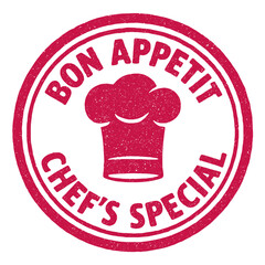 Bon appetit chef's special red rubber stamp design showcasing culinary creativity and professionalism in the restaurant world