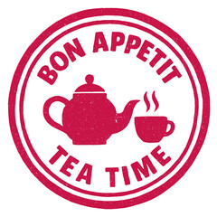 Enjoy tea time with a classic teapot and cup in a cheerful setting promoting a warm atmosphere for relaxation red rubber stamp