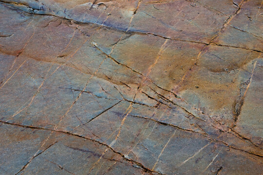 Colorful stone surface background. Hard and smooth quartzite stone in riverbed, polished by water over thousands of years, and with variety of tones. Castile-La Mancha, Spain, near Batanera rock art.