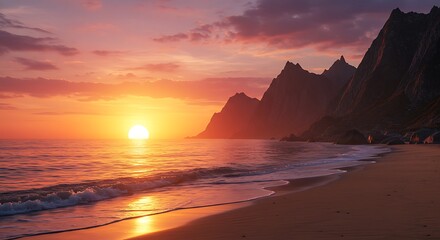 Sunset over rocky coastal beach