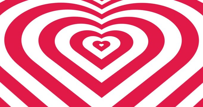 Loop animation showing concentric red and white hearts radiating outward. Bold symmetrical pattern with hypnotic motion. Ideal for love, romance, or Valentine's themes