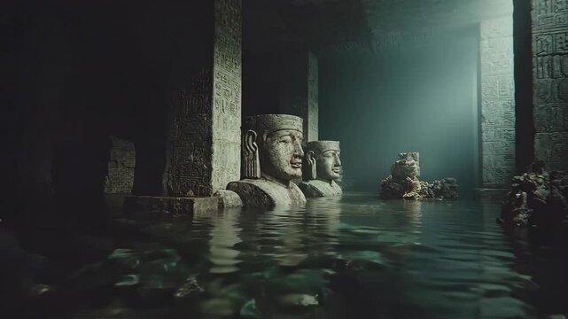 Ancient submerged statues in a dark temple. Underwater ruins with sunlight breaking through the water surface. Mysterious antique architecture discovered.