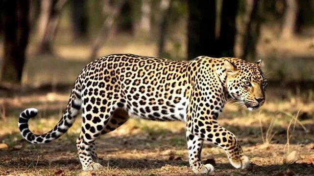 Leopard walking among trees in natural habitat. Ideal for wildlife magazines, websites, conservation campaigns, educational materials, and nature documentaries.