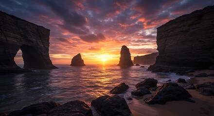 Sunset over rocky coastline