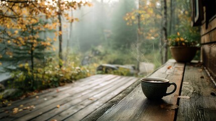 peaceful autumn morning in misty forest, steaming cup of coffee on rustic wooden cabin porch, cozy fall retreat, nature connection, self-care, slow living, nature escape, digital detox, eco lifestyle.
