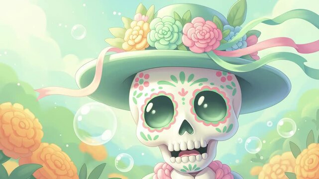 Cute sugar skull wearing flowered hat and ribbons in a vibrant garden, day of the dead celebration footage.