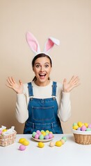 Excited Woman with Easter Eggs and Bunny Ears Celebrating Easter.