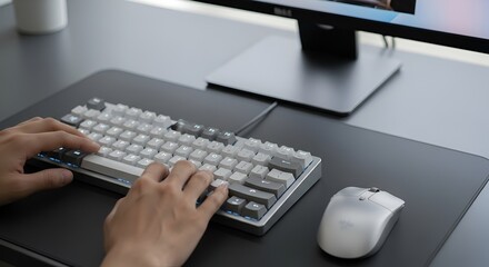Hands Typing on Illuminated Mechanical Keyboard with Computer Mouse