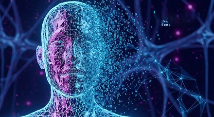 Human Head Wireframe Dissolving into Binary Code Artificial Intelligence