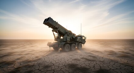 Large Military Missile Launcher Vehicle in a Vast Dry Cracked Landscape