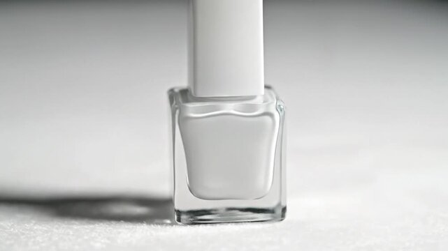 White square nail polish bottle with matching cap on a soft off-white surface, elegant minimalist design reflecting purity, balance, and modern sophistication