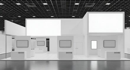 Empty Modern Trade Show Exhibition Booth with Blank Displays