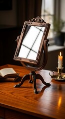 Antique Vanity Mirror Reflecting Light on Wooden Desk with Candle.
