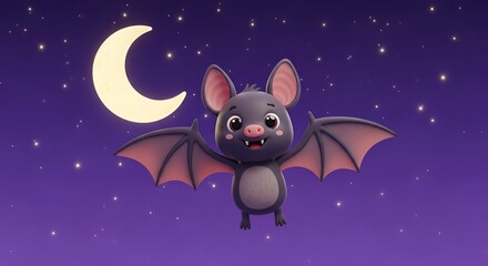Cute Cartoon Bat Flying at Night with Glowing Moon and Sparkling Stars